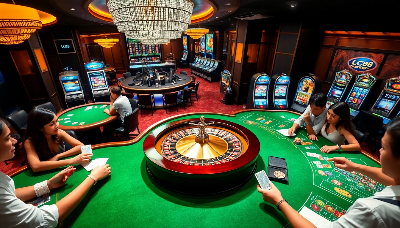 Experience thrilling gameplay at LC88 casino with vibrant slot machines and exciting players around tables.