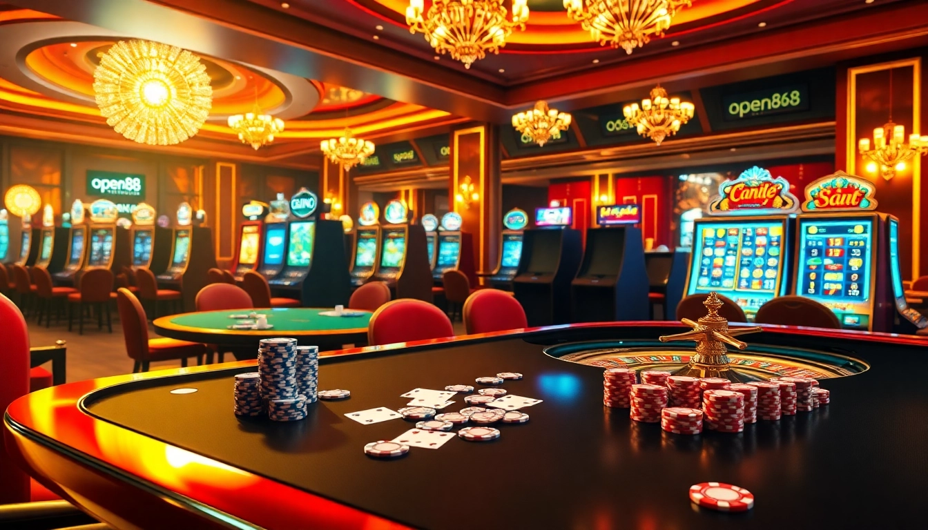 Experience thrilling gaming at open88 with vibrant casino visuals showcasing tables and slots.