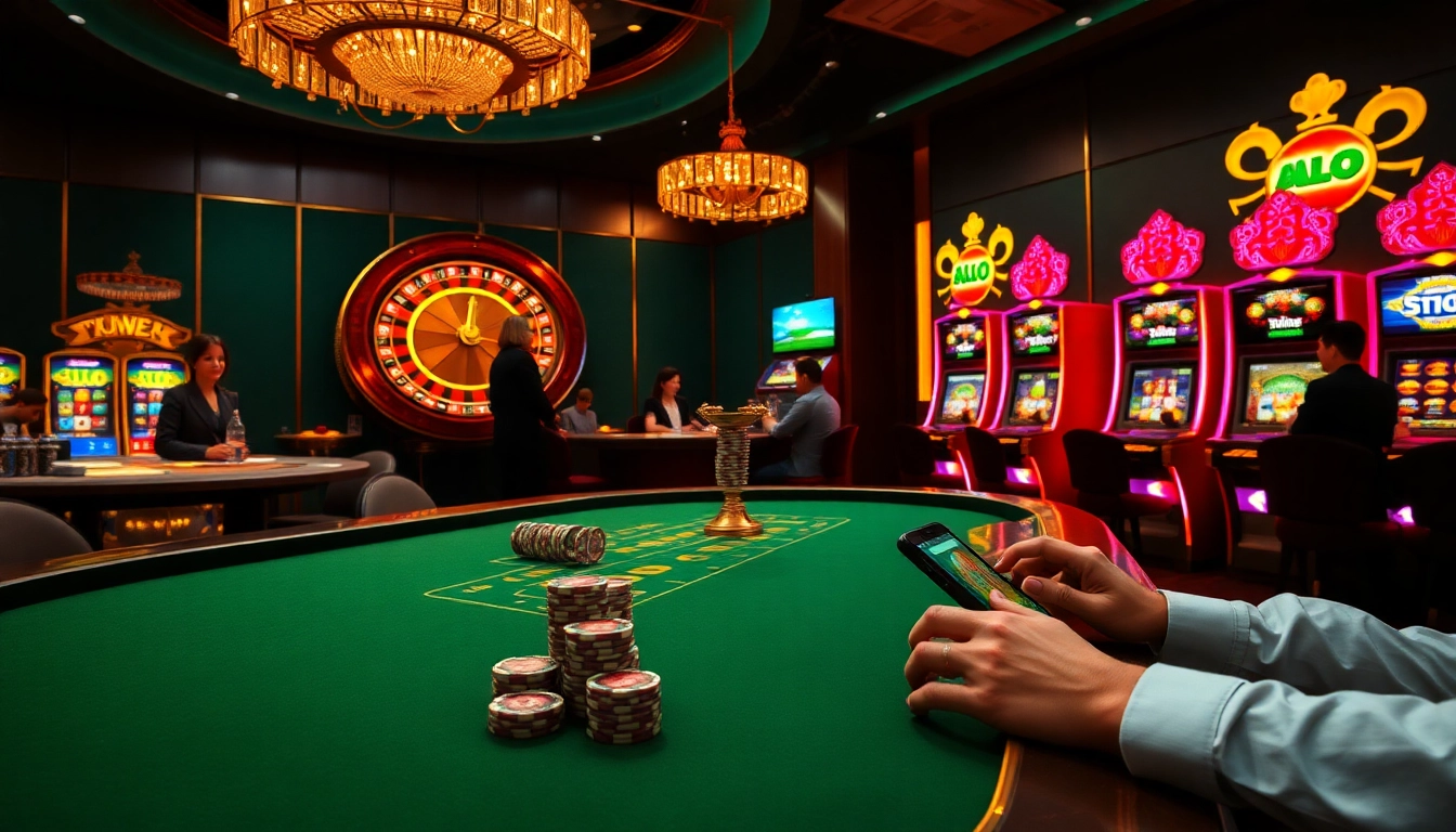 Experience ALO789 chính thức with high-stakes gameplay at a luxurious online casino featuring vibrant slot machines.