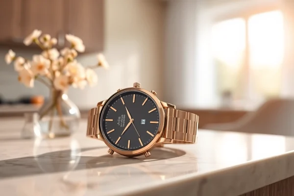 Spotlight on the Ladies Classic Smart Watch featuring a sleek design against a marble backdrop.