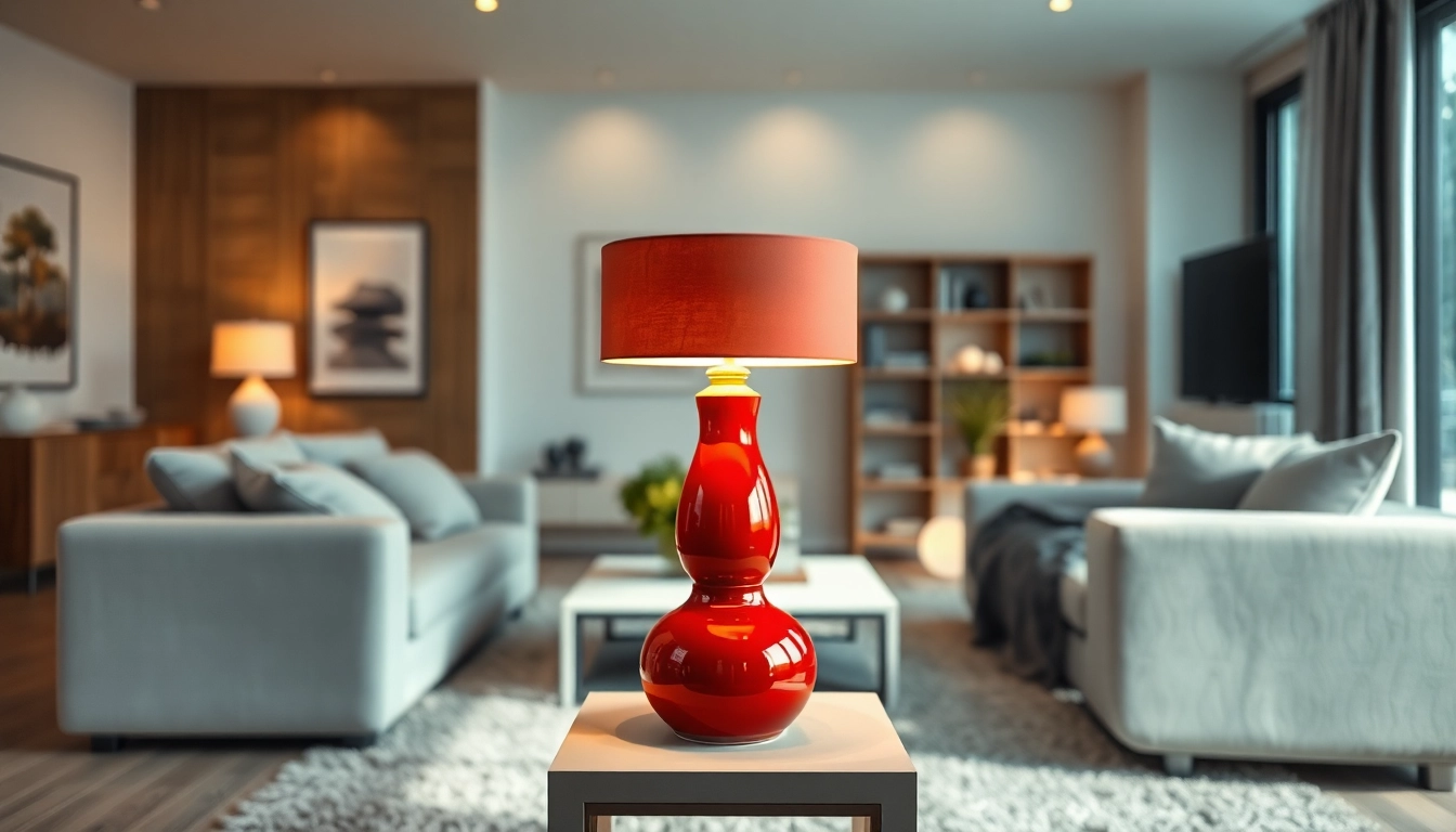 RR999 table lamp showcasing its elegant ruby red design in a modern home decor setting.