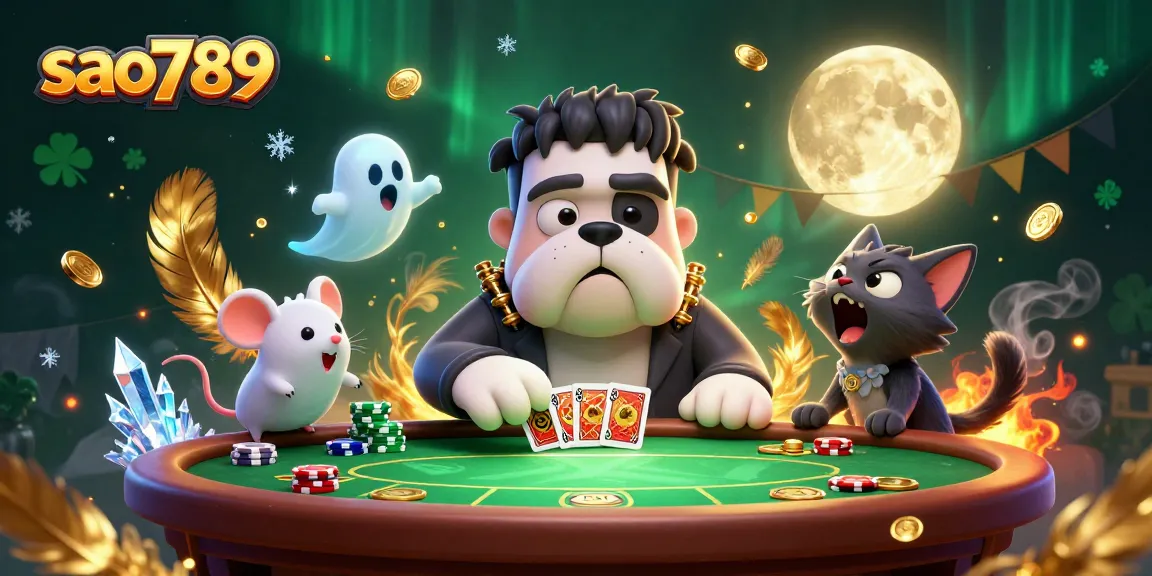 Experience thrilling poker action with sao789 at a colorful, atmospheric casino scene.