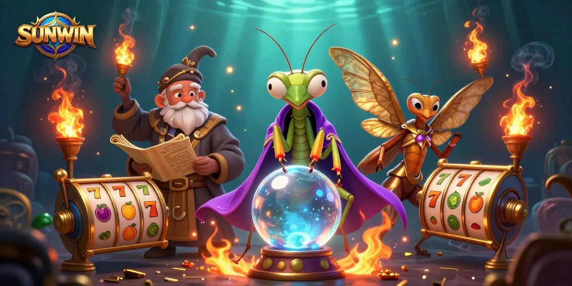 SUNWIN slots action ignites excitement with vibrant characters and floating symbols in a lively casino scene.