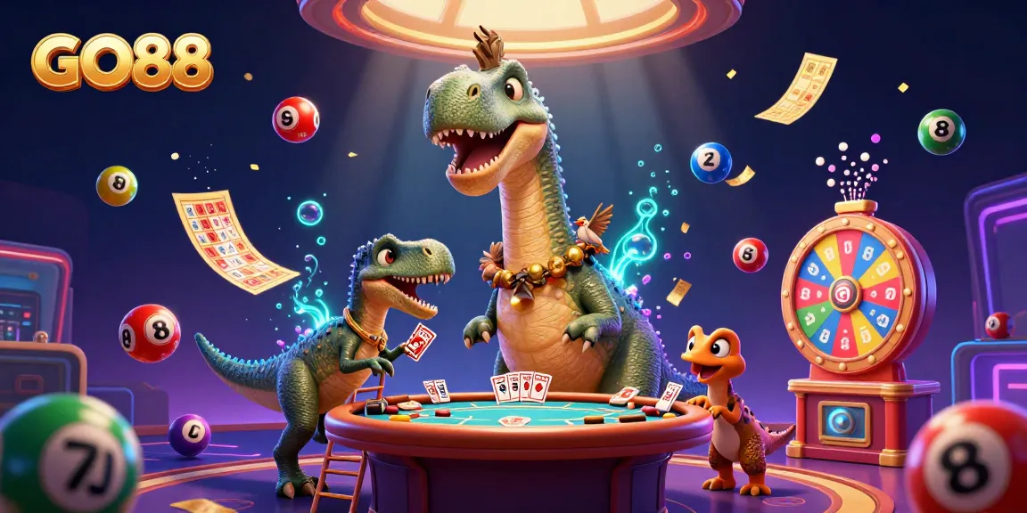 Experience GO88 excitement with a fun casino scene featuring a brontosaurus and raptor in action!