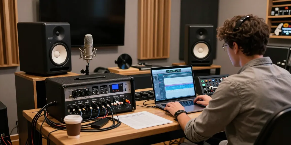 Nuforce IA-18 amplifier being adjusted in modern audio studio setting, capturing audio engineering details.