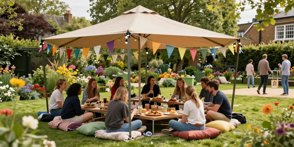 Friends enjoying a garden party under a gazebo hire London, showcasing festive ambiance and vibrant decorations.