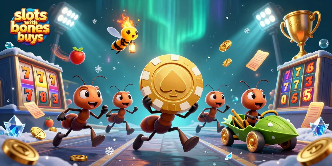Play thrilling slots with bonus buys, featuring cartoon ants heisting a giant poker chip in a vibrant, energetic scene.