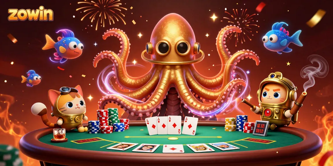 Experience the thrill of zowin gaming with a vivid illustration of underwater action and poker excitement.