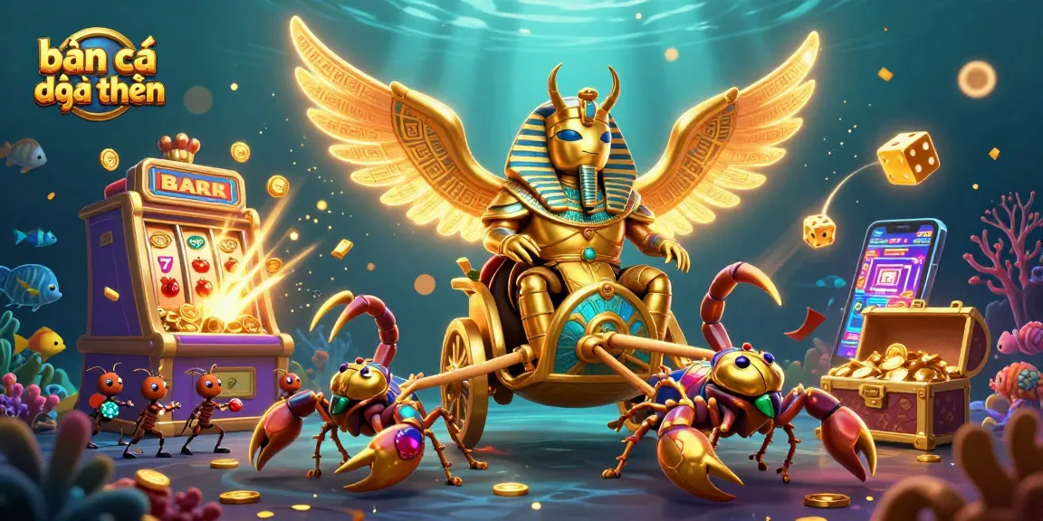 Bắn cá đổi thưởng action scene with golden scarab riding scorpions, vibrant fish, and jackpot explosion.