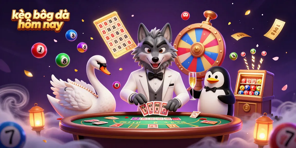 Engage with kèo bóng đá hôm nay as a debonair wolf enjoys baccarat while a swan deals cards, creating an energetic atmosphere.