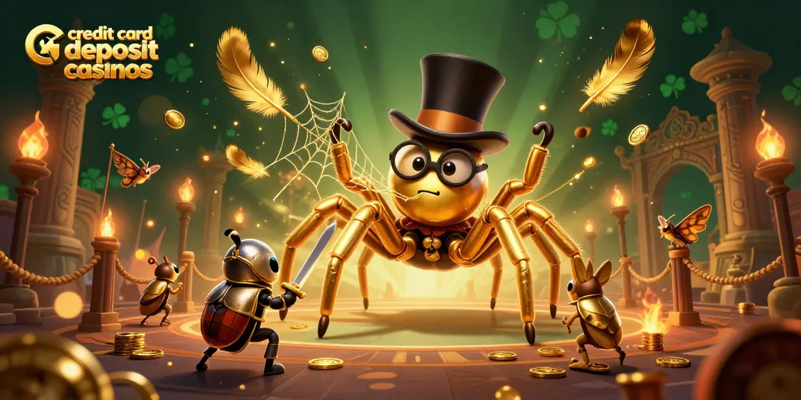 Immerse in the world of credit card deposit casinos with a dazzling 3D illustration of a golden tarantula and beetle knight.