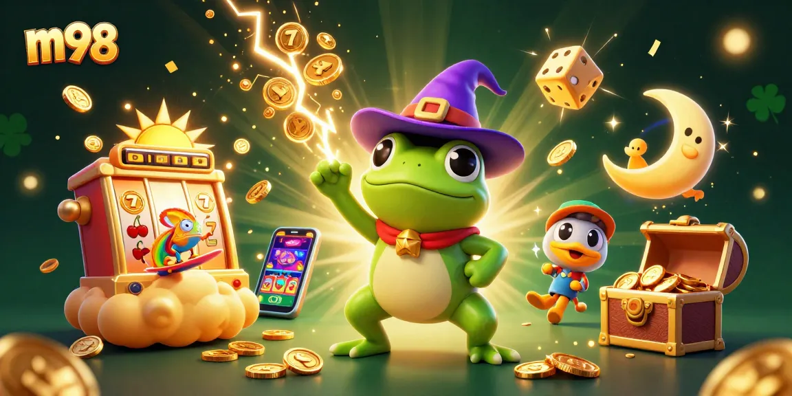 Win big with m98 as the cartoon weather wizard frog and rainbow chameleon release a storm of golden coins.