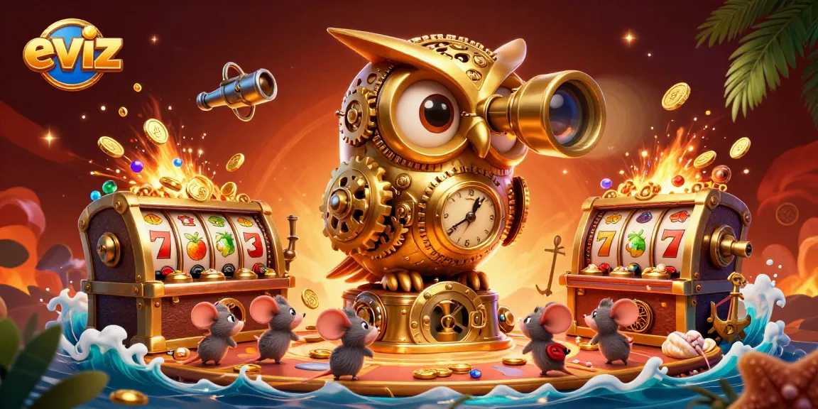 Experience thrilling wins with eviz at a vibrant casino scene featuring a clockwork owl and jubilant mouse patrons.