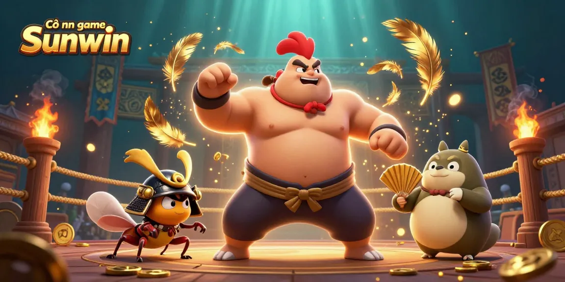 Cổng game Sunwin showcases dynamic gambling action with sumo rooster and samurai cricket in a vibrant arena.