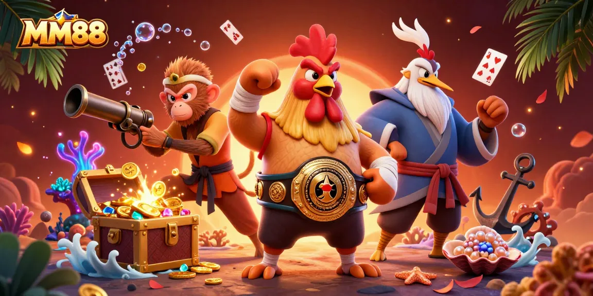 Engage in excitement with MM88's dynamic 3D illustration showcasing a fierce rooster, Shaolin monkey, and wise crane amidst gold coins and playing cards.