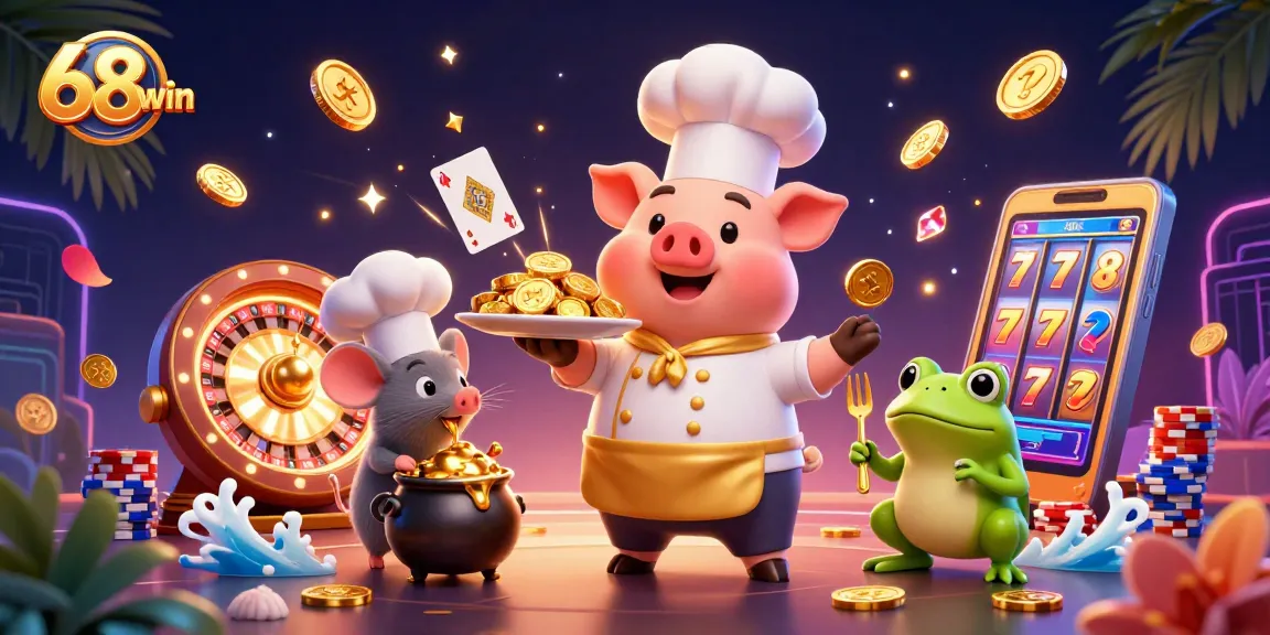 Engage in thrilling gameplay at 68win with gold coins cascading from characters in this vibrant casino scene.
