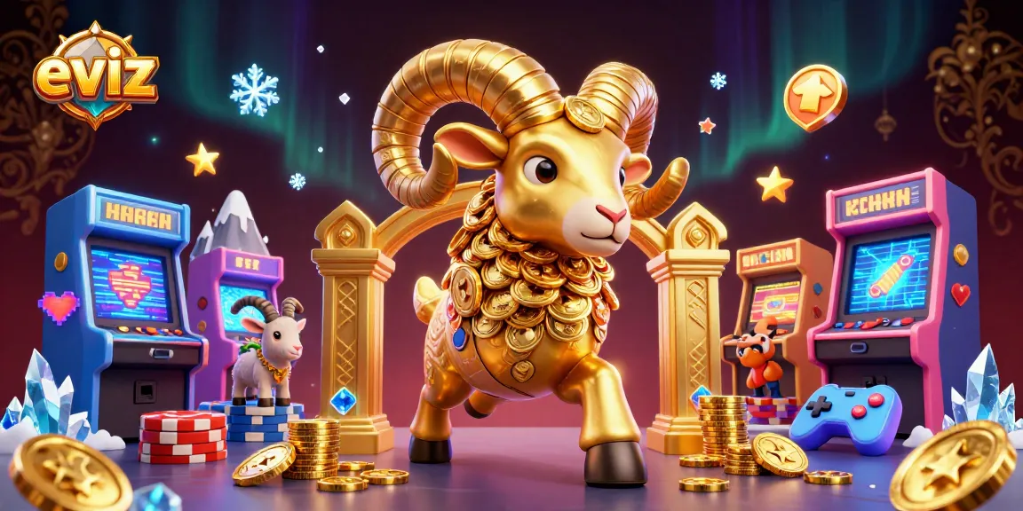 eviz showcases a thrilling casino scene with a golden ram and colorful game elements, enhancing player excitement.
