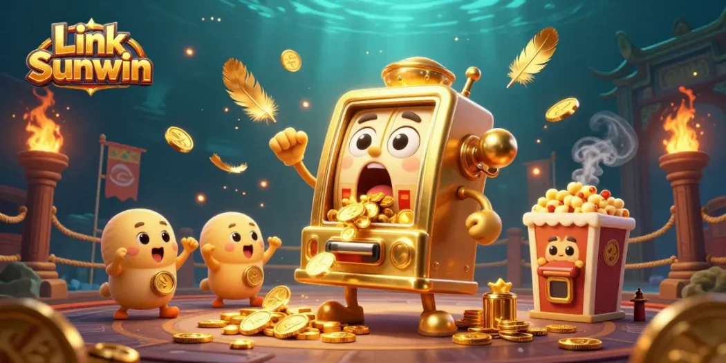 Spin the reels with Link Sunwin in a thrilling jackpot celebration, featuring colorful slot machines and vibrant casino elements.