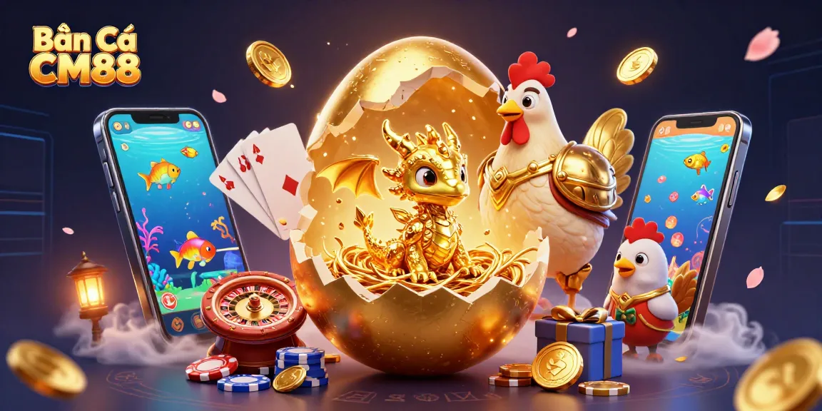 Bắn Cá CM88 delights players with a captivating scene featuring a golden egg and a baby dragon amidst colorful gaming elements.