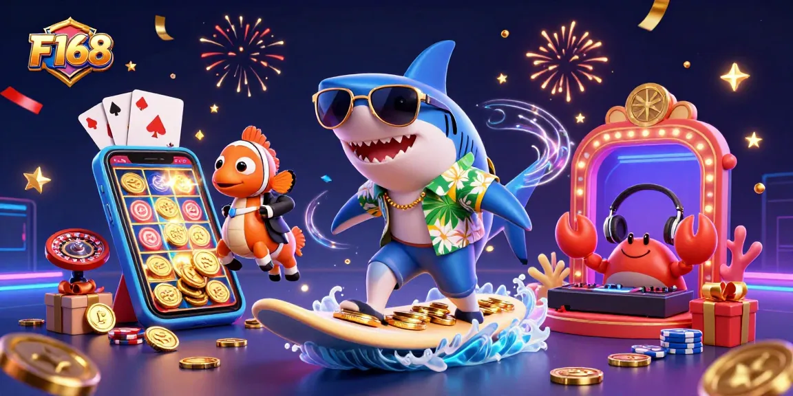 F168 features a vibrant scene with a hammer-head shark surfing on gold coins, highlighting exciting casino games.