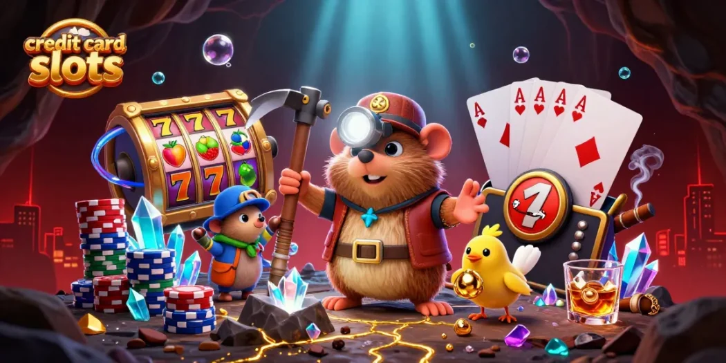 Catch a thrilling gameplay moment with credit card slots and dynamic poker elements in an exciting casino scene.