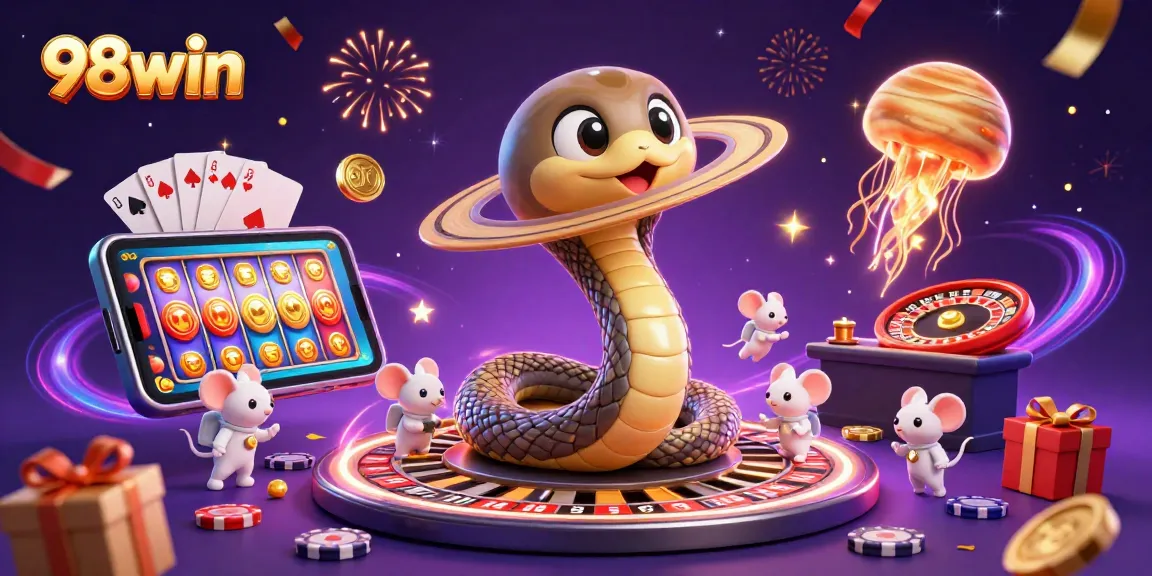 Place bets with 98win on a colorful slot game amidst a cosmic casino scene featuring a roulette wheel.