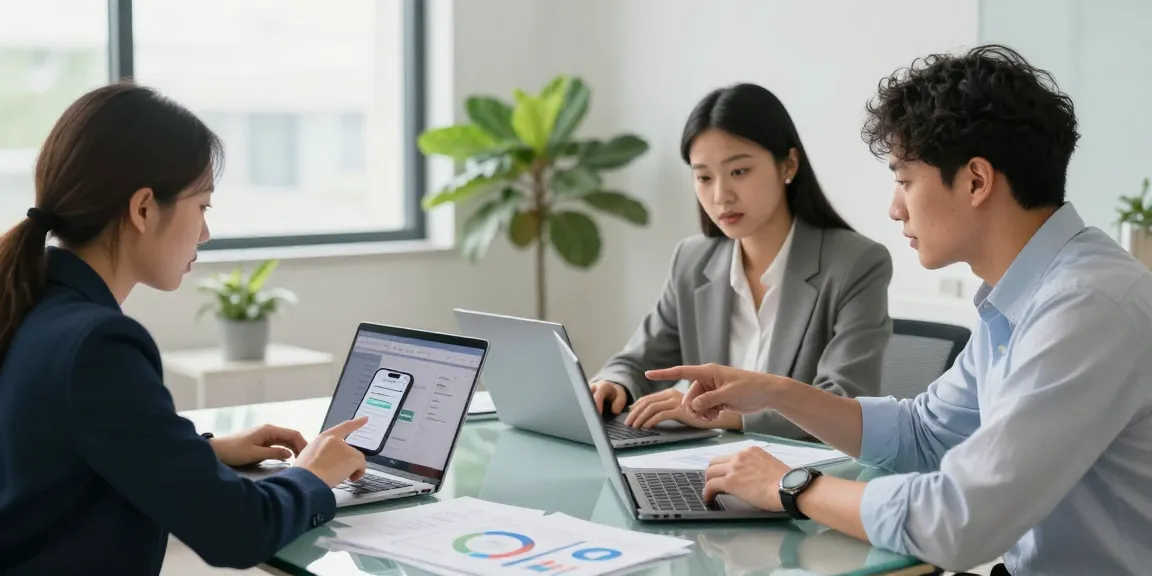 A dynamic office scene showcasing a phone number checker being discussed by professionals, emphasizing teamwork and productivity.
