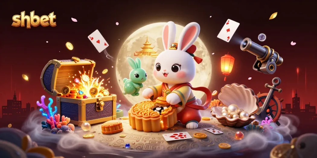 Experience thrilling gameplay with shbet, featuring a moon rabbit and poker chip treasure!