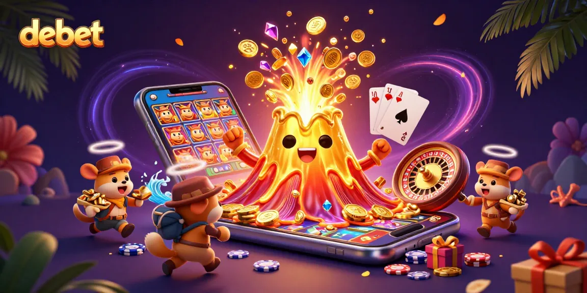 Debet showcases thrilling gambling excitement through a vibrant 3D casino illustration with gold erupting treasures.
