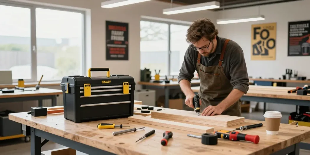 Crafting a woodworking project using a stanley rolling tool box in a bright workshop.